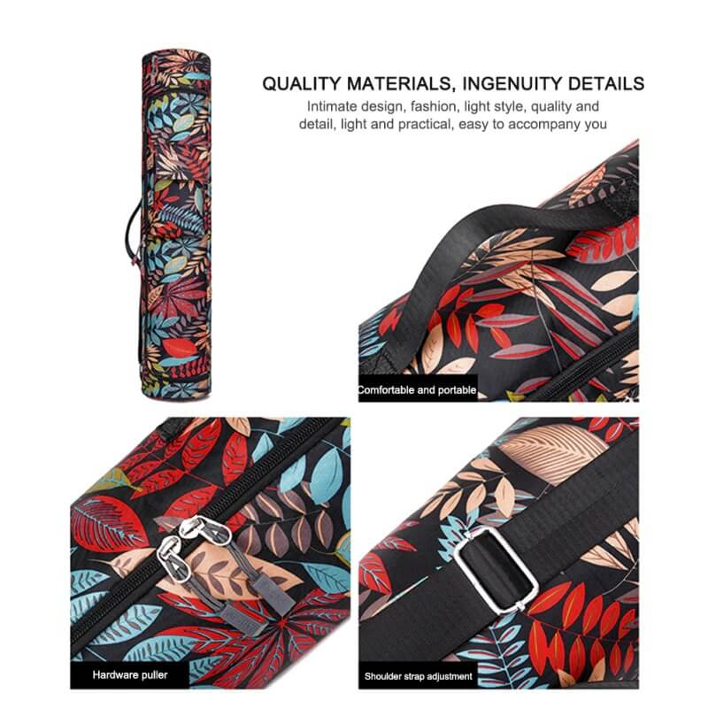 Colorful printed yoga bag with zipper and adjustable strap, showcasing detailed design for carrying yoga mats. Unisex fitness accessory.